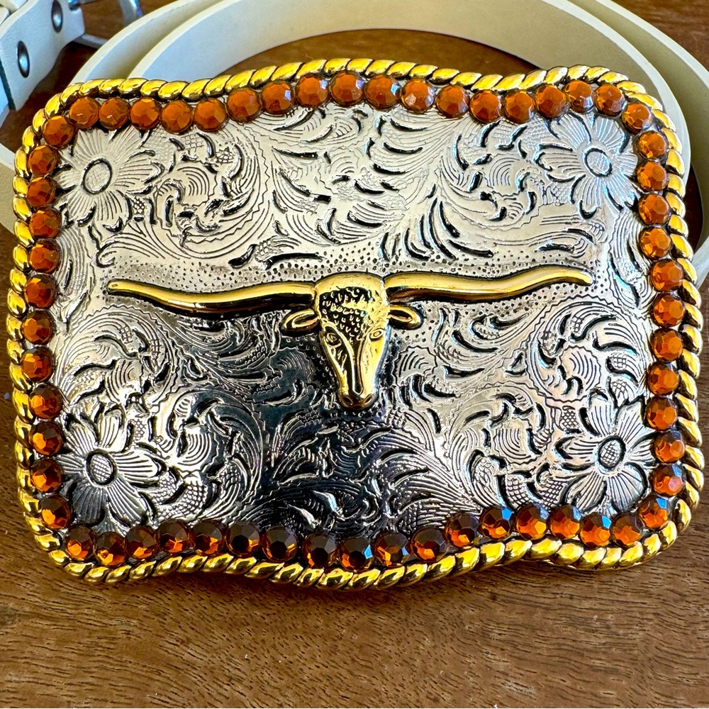 TOPACC Rectangle Two Tone Longhorn Belt Buckle Enhanced With Crystals